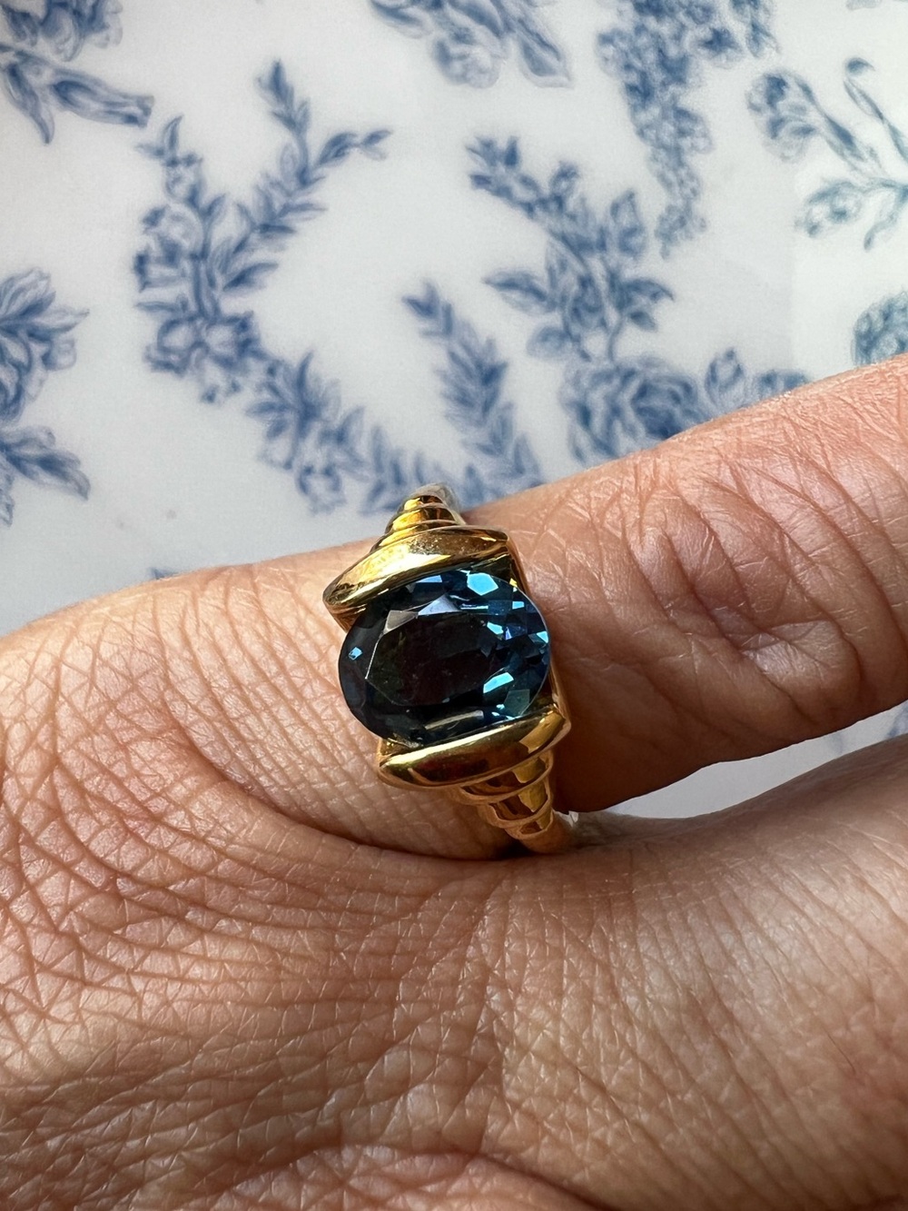 Gold Tone Blue Stone Statement Ring Bold Vintage Style Size 6.5 #653